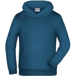 A teal children's hoodie featuring a kangaroo pocket and a hood. The product has a blank design with a logo.