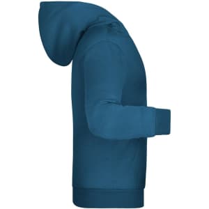 A teal children's hoodie with a kangaroo pocket and a large hood, featuring a logo on the front.