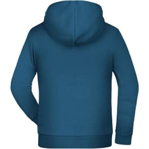 A children's hoodie in a solid teal colour, featuring a hood and long sleeves. It has a branding logo on the back.