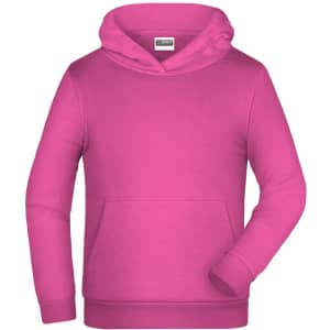 A pink children's hoodie with a front pocket and a hood. It features a logo on the label.