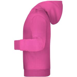 A pink children's hoodie featuring a hood and long sleeves, with a front pocket and branding.