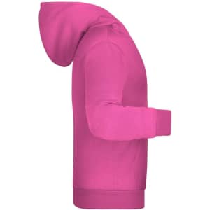 A bright pink children's hoodie with a hood and long sleeves, featuring a logo on the front.