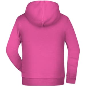 A bright pink children's hoodie featuring a hood and long sleeves, with a logo on the back.