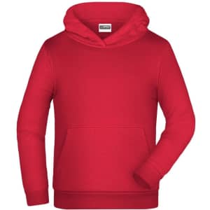 A red children's hoodie featuring a front pocket and a hood. It has a branding logo on the label.