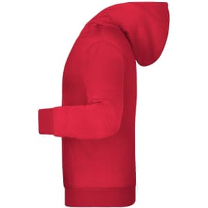 A red children's hoodie featuring a hood and long sleeves. It has a logo on the front.