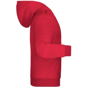 A red children's hoodie featuring a hood and long sleeves. It has a solid design and includes a logo.