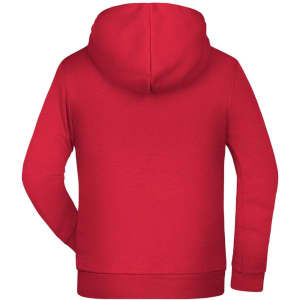 A red children's hoodie featuring a spacious hood and long sleeves. The back includes a logo.