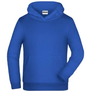 A blue children's hoodie featuring a front pocket and a drawstring hood. It includes a logo label inside.