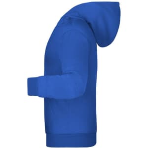 A blue children's hoodie featuring a kangaroo pocket and a hood, displayed from the side.