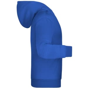 A blue children's hoodie with a kangaroo pocket and a hood, displayed from the side.