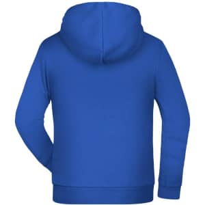 A blue children's hoodie with a kangaroo pocket and a hood. Features a logo on the back.