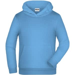 A blue children's hoodie with a front pocket and a hood, featuring a logo on the label.