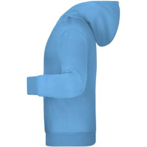A light blue children's hoodie with a kangaroo pocket and hood, featuring a logo on the front.