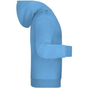 A light blue children's hoodie with a kangaroo pocket and a hood, featuring a logo on the front.