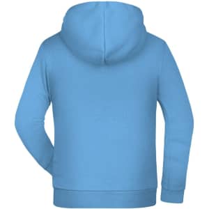 A blue children's hoodie featuring a spacious hood and long sleeves, with a logo on the back.