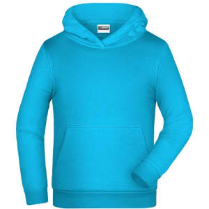 A bright turquoise children's hoodie featuring a front pocket and a hood, with a label inside.