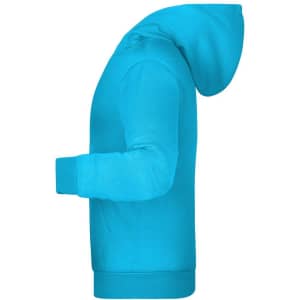 A turquoise children's hoodie with a hood and long sleeves, featuring a small logo on the front.