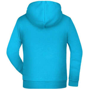 A turquoise children's hoodie featuring a hood and long sleeves, with a logo on the back.