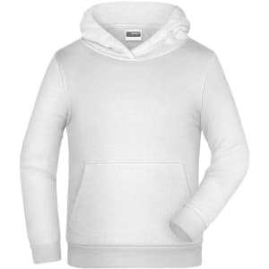 A white children's hoodie featuring a front pocket and a hood. The product has a logo on it.