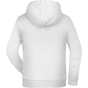 A white children's hoodie featuring a large hood and a simple design, with a branding logo on the back.
