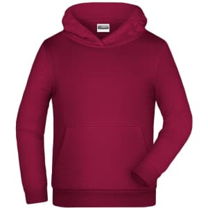 A maroon children's hoodie featuring a front pocket and a hood, with a logo on the label.