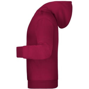 A maroon children's hoodie with a hood, featuring a side view and a fitted design. It includes a logo.