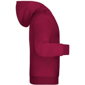 A maroon children’s hoodie featuring a hood and long sleeves. The design has a logo on the front.