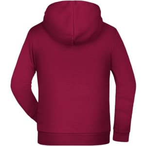 A children's hoodie in maroon with a hood and long sleeves, featuring a logo on the back.