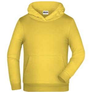 A bright yellow children's hoodie with a front pocket and a hood. It features long sleeves and a logo.