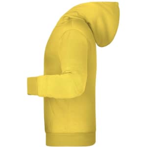 A bright yellow children's hoodie with a kangaroo pocket and a hood, featuring a brand logo.