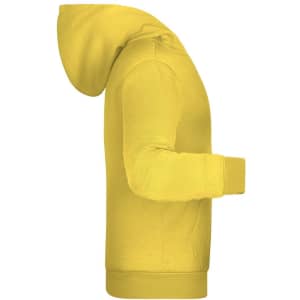 A yellow children's hoodie featuring a kangaroo pouch and a hood. It includes a logo on the front.