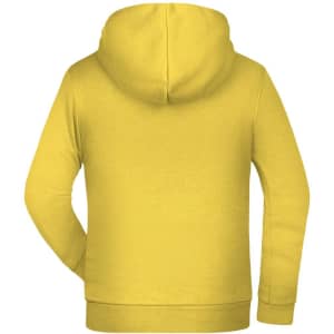 A yellow children's hoodie features a back view with a hood and long sleeves. It has a logo.
