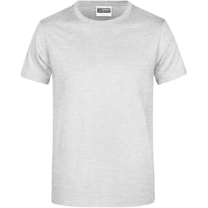 A grey T-shirt with a round neck and short sleeves, featuring a logo on the label.