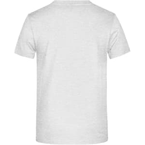 A grey T-shirt featuring a plain back and a visible logo on the neck area.