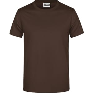A brown T-shirt with short sleeves and a round neckline. The shirt features a branding label.