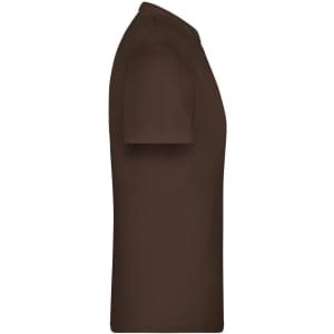 A brown t-shirt in a side view, featuring short sleeves and a crew neckline. It has a logo on the fabric.