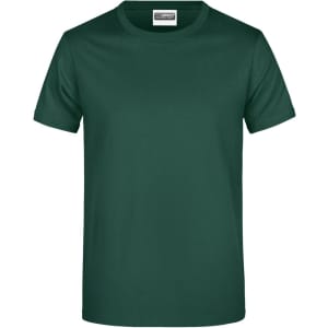A plain dark green T-shirt with short sleeves and a crew neckline, featuring a logo on the label.
