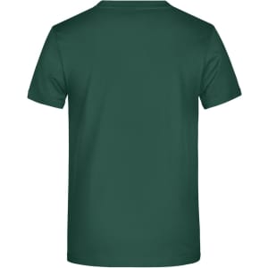A green T-shirt displayed from the back, featuring a simple design and a logo.
