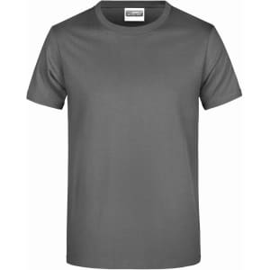 A grey T-shirt with a round neck and short sleeves, featuring a small brand logo on the label.