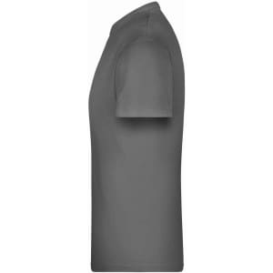 A grey T-shirt displayed from the side, featuring short sleeves and a simple design. It has a branded logo.