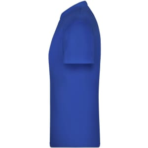 A side view of a royal blue T-shirt featuring a simple design and a crew neckline. It has a logo on the fabric.