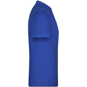 A blue T-shirt displayed from the side, featuring a plain design and short sleeves, with a logo on it.