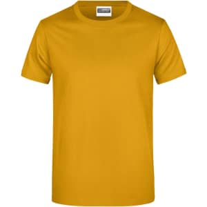A plain mustard yellow T-shirt with a round neck and short sleeves. It features a label and has no visible designs.