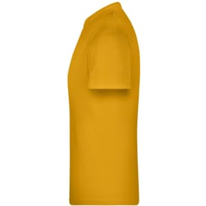 A side view of a plain yellow T-shirt, featuring short sleeves and a round neck design.