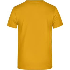A plain yellow T-shirt with a round neckline and short sleeves, featuring no visible branding or design elements.