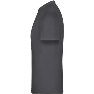 A dark grey T-shirt displayed from the side, featuring a round neckline and short sleeves. It has a logo on the front.