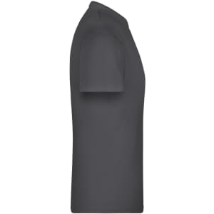 A grey T-shirt displayed from the side, featuring a round neckline and short sleeves. It has a logo.