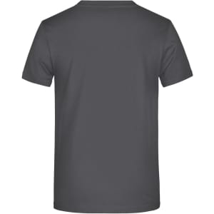 A grey t-shirt with a round neckline and short sleeves. It has a plain back design and features a logo.