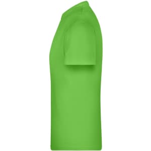 A bright green T-shirt displayed from the side, featuring a plain design and no visible logos.