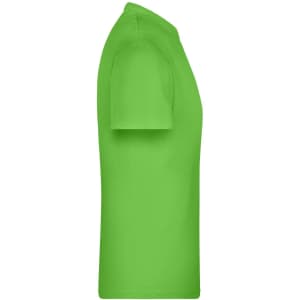 A green t-shirt displayed from the side, featuring a simple design with a visible logo.